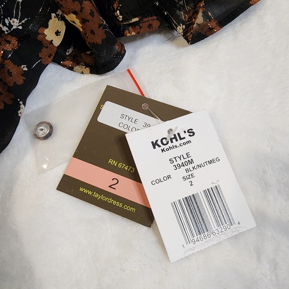 Taylor Black and Brown Floral Midi Dress, NWT, Size 2 - Picture 5 of 9